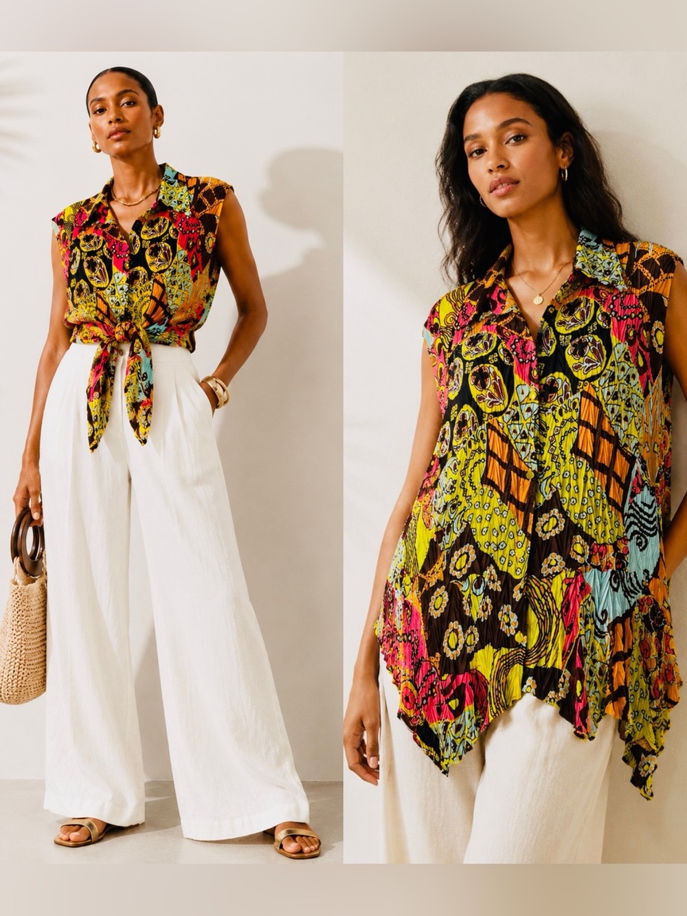 Sleeveless Multicolor Print Abstract Print Crinkle Pleated Button Down Top Sz XL